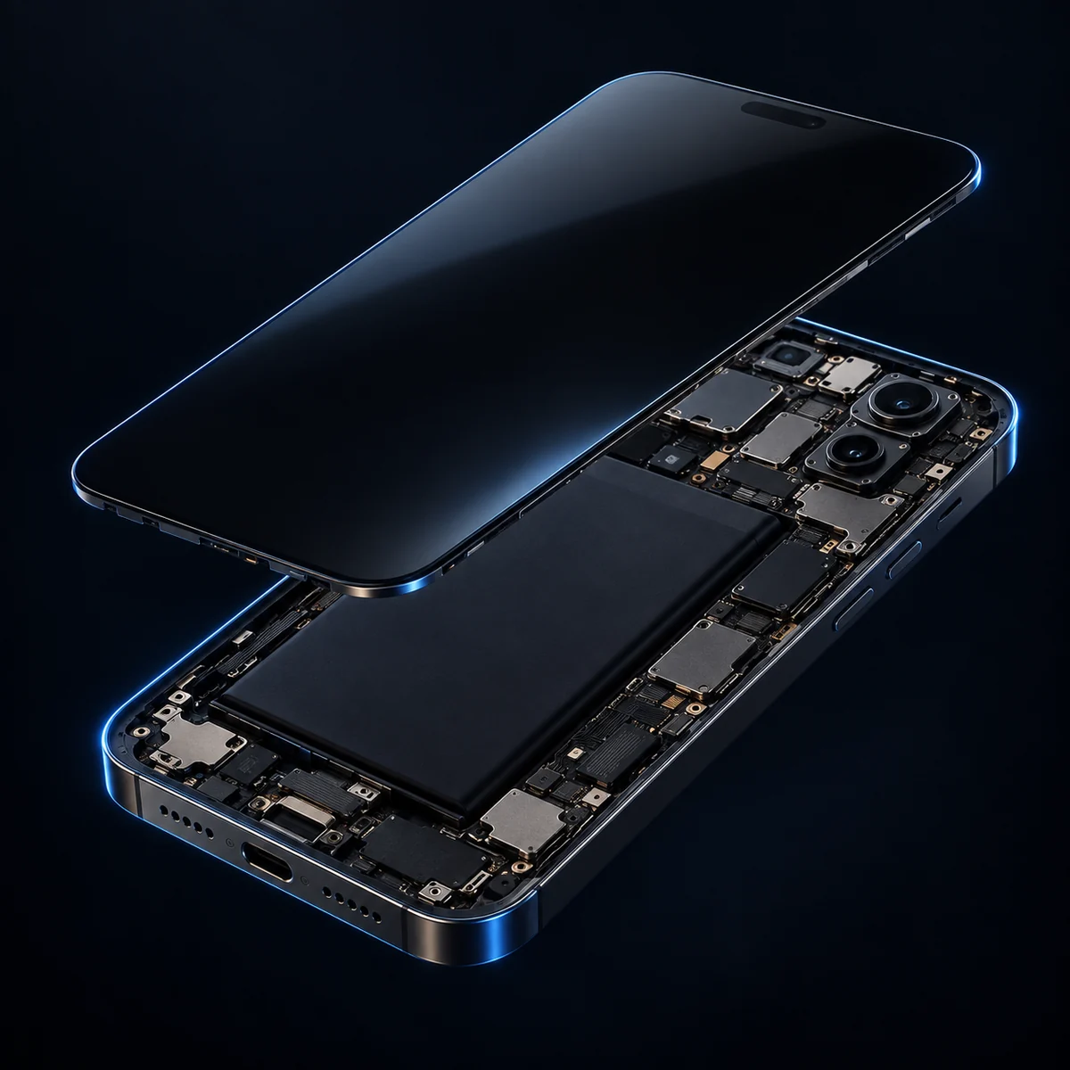 Vue illustrative d’un smartphone démonté : écran, batterie, circuits et connecteur de charge.